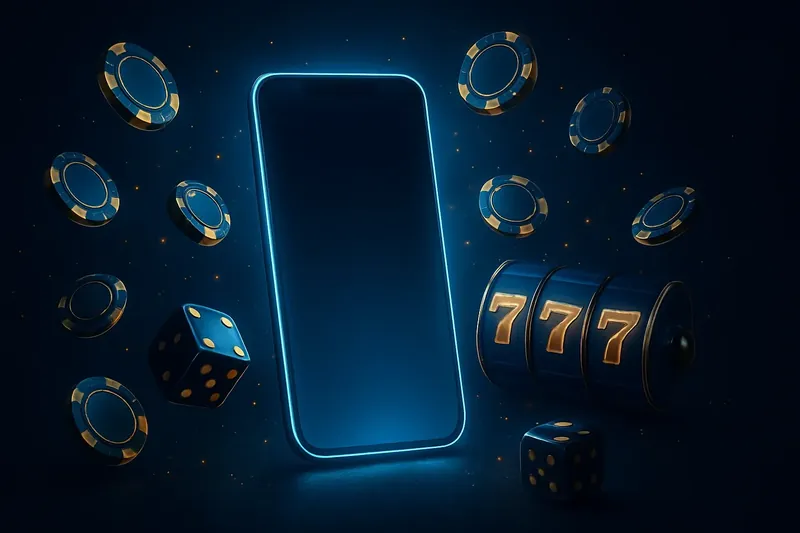 Glowing Smartphone Casino Banner Panoramic banner with glowing smartphone, floating casino chips, slot reels, dice, and gold accents on a dark background